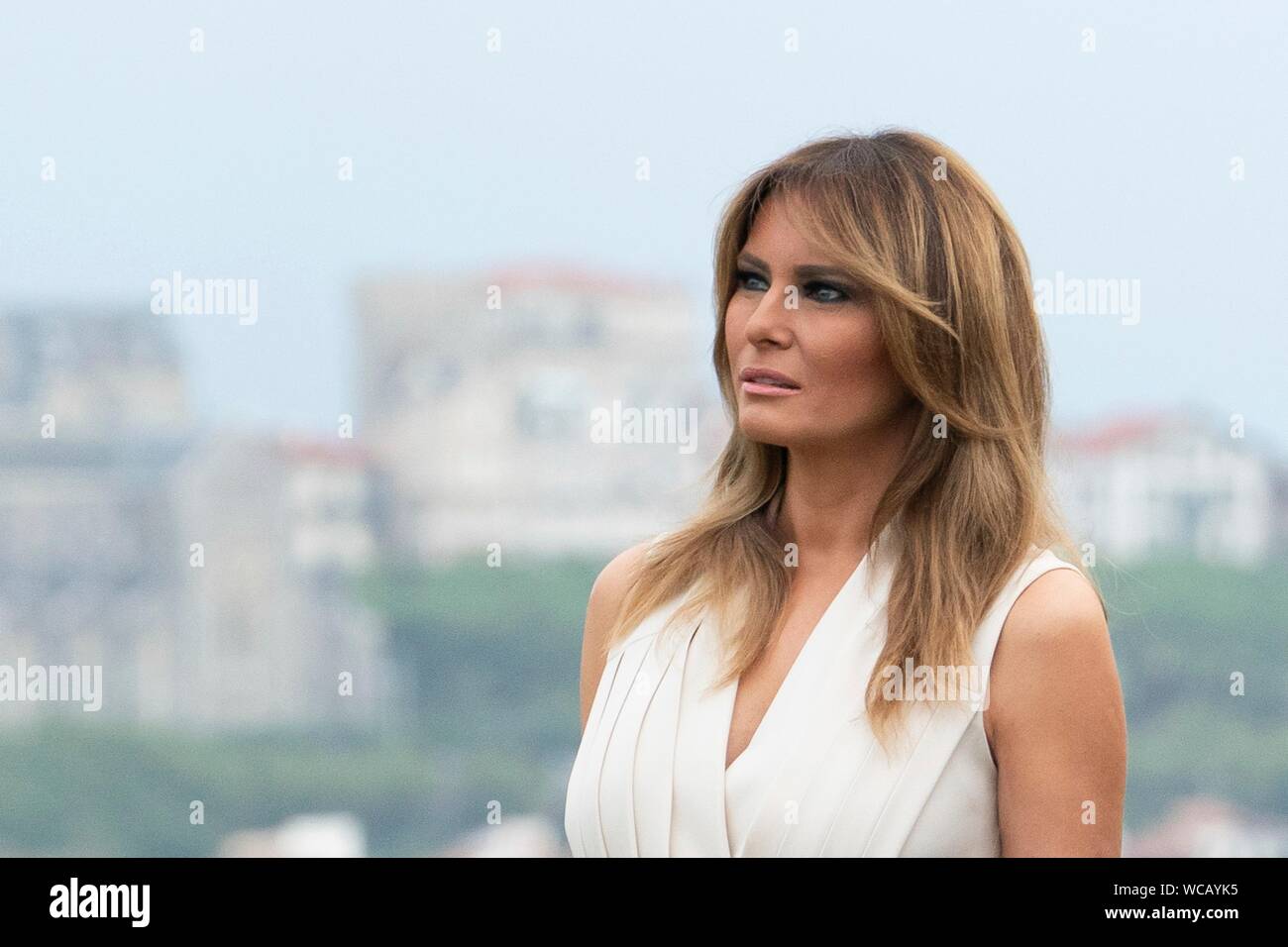 U.S. First Lady Melania Trump, wearing a sleeveless Alexander McQueen gown, on arrival to the G7 Leaders’ Dinner at the Biarritz Lighthouse August 24, 2019 in Biarritz, France. Stock Photo