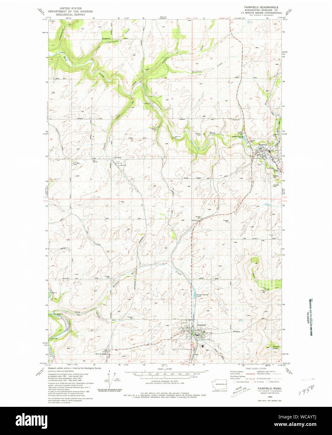 USGS Topo Map Washington State WA Fairfield 241105 1980 24000 Restoration Stock Photo