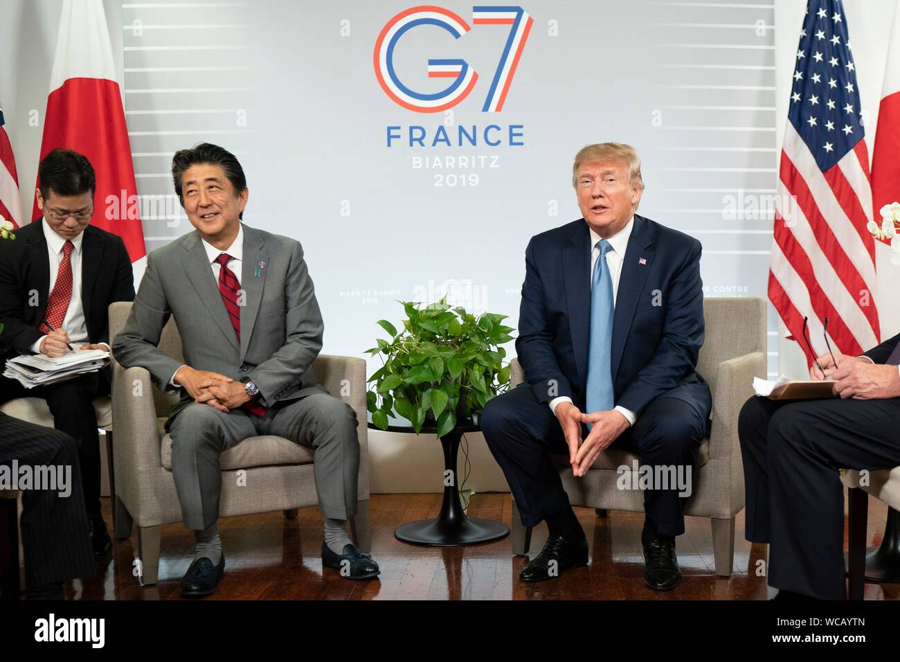 U.S. President Donald Trump with Japanese Prime Minister Shinzo Abe, left, prior to their trade meeting on the sidelines of the G7 Summit at the Centre de Congrés Bellevue August 25, 2019 in Biarritz, France. Stock Photo