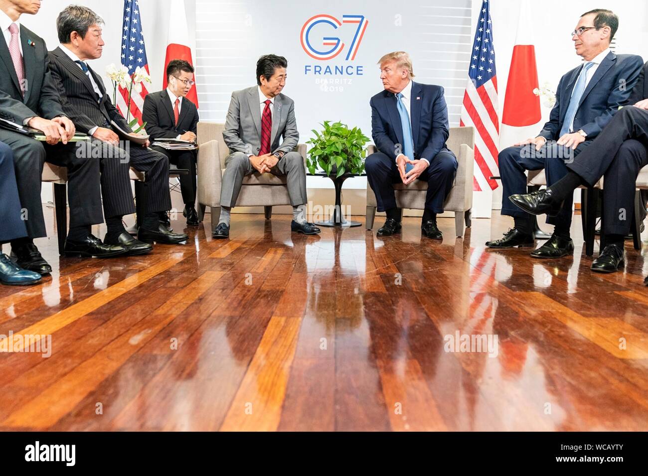 U.S. President Donald Trump, right, with Japanese Prime Minister Shinzo Abe, left, prior to their trade meeting on the sidelines of the G7 Summit at the Centre de Congrés Bellevue August 25, 2019 in Biarritz, France. Stock Photo