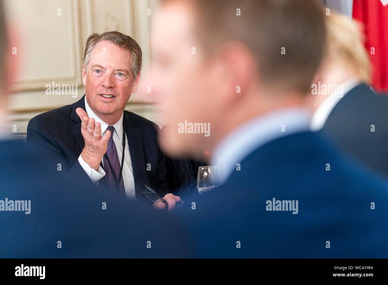 U.S. Trade Rep. Robert Lighthizer before the start of a working breakfast with President Donald Trump and British Prime Minister Boris Johnson and their delegations on the sidelines of the G7 Summit at the Hotel du Palais Biarritz August 25, 2019 in Biarritz, France. Stock Photo