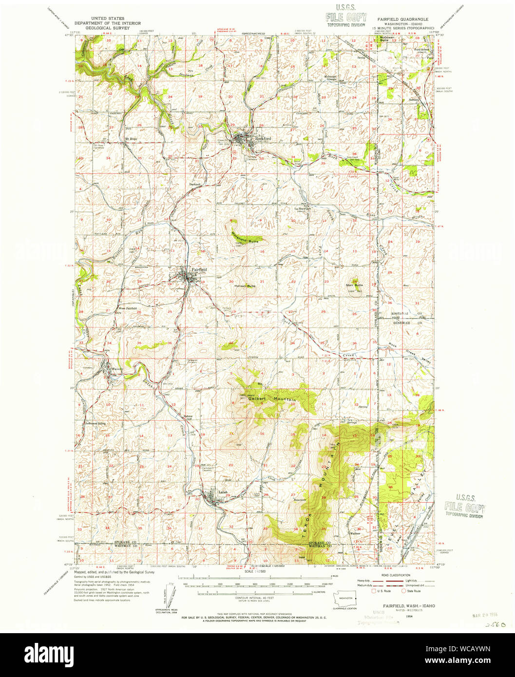 USGS Topo Map Washington State WA Fairfield 241104 1954 62500 Restoration Stock Photo