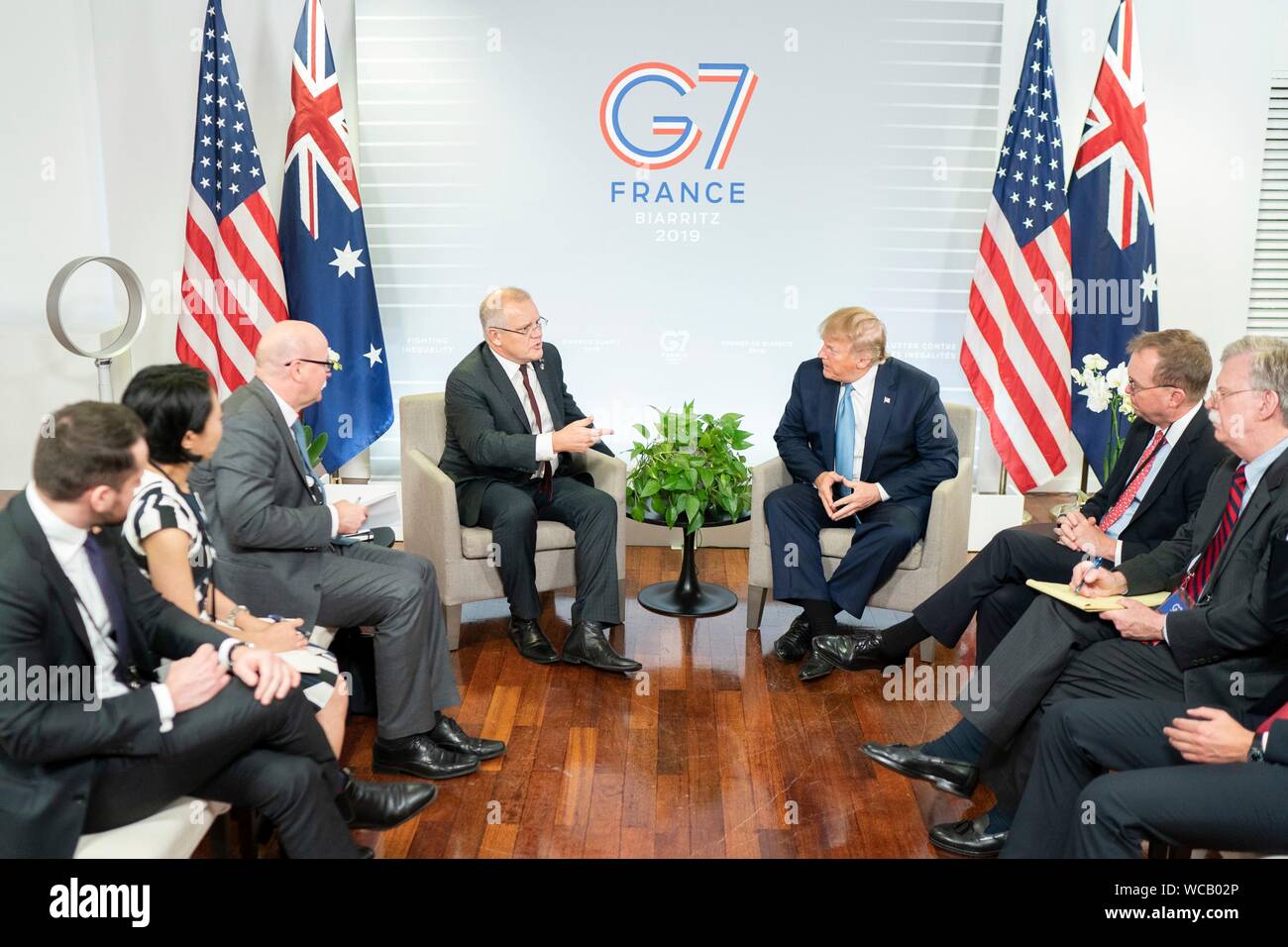 U.S. President Donald Trump during a bilateral meeting with Australian Prime Minister Scott Morrison, left, on the sidelines of the G7 Summit at the Centre de Congrés Bellevue August 25, 2019 in Biarritz, France. Stock Photo