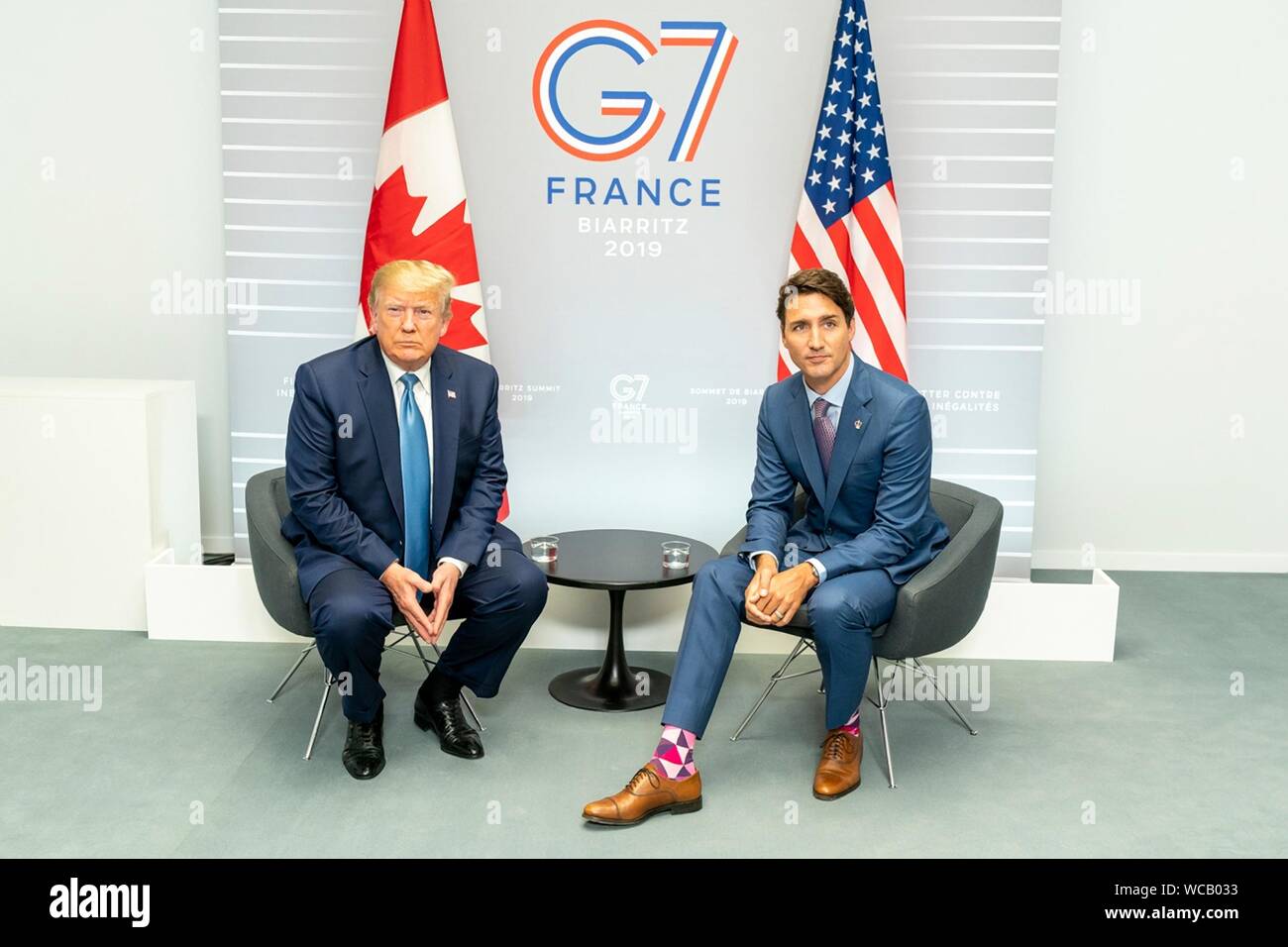 U.S. President Donald Trump with Canadian Prime Minister Justin Trudeau, right, prior to their bilateral meeting on the sidelines of the G7 Summit at the Centre de Congrés Bellevue August 25, 2019 in Biarritz, France. Stock Photo