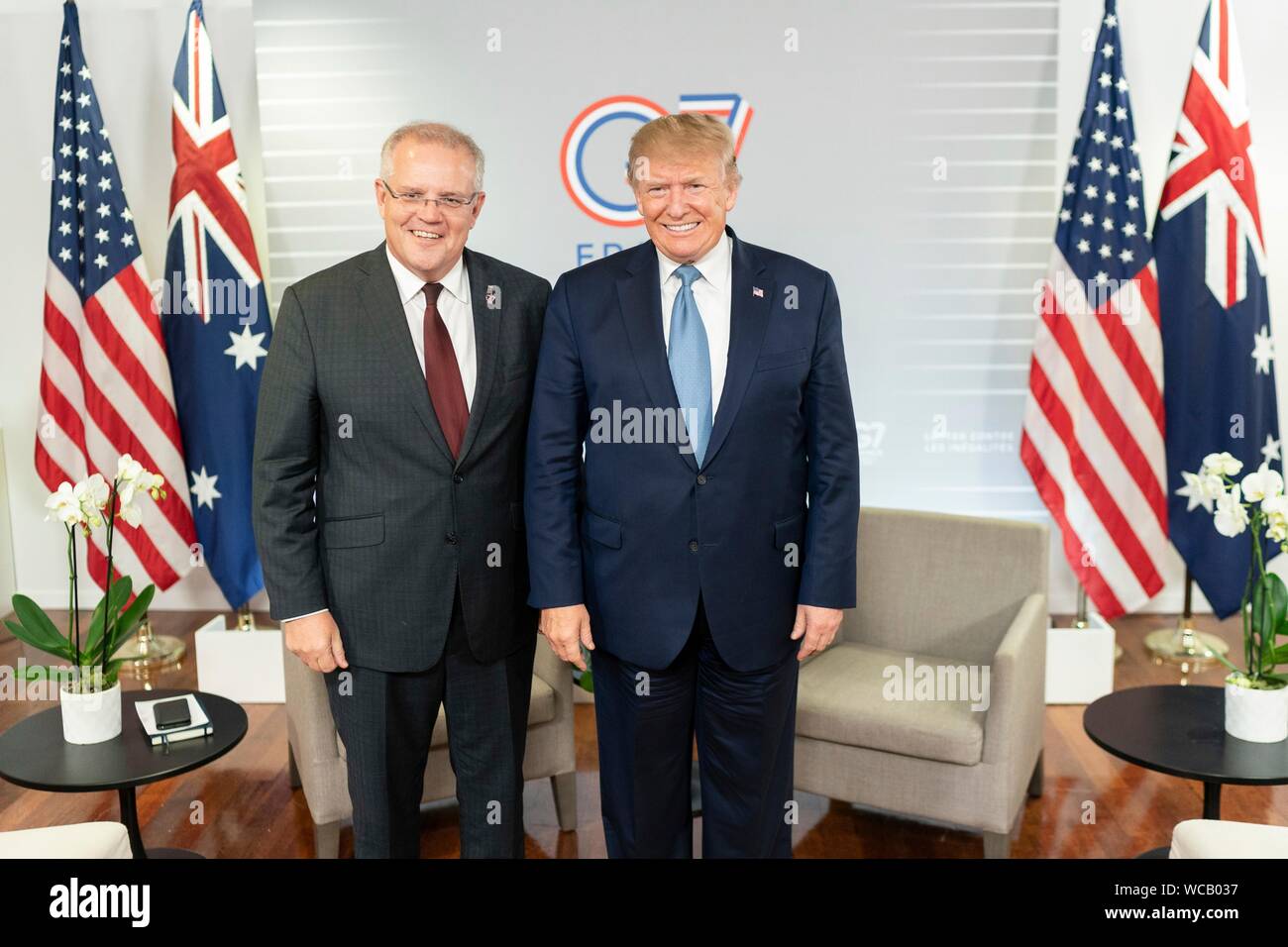 U.S. President Donald Trump stands with Australian Prime Minister Scott Morrison, left, prior to their bilateral meeting on the sidelines of the G7 Summit at the Centre de Congrés Bellevue August 25, 2019 in Biarritz, France. Stock Photo
