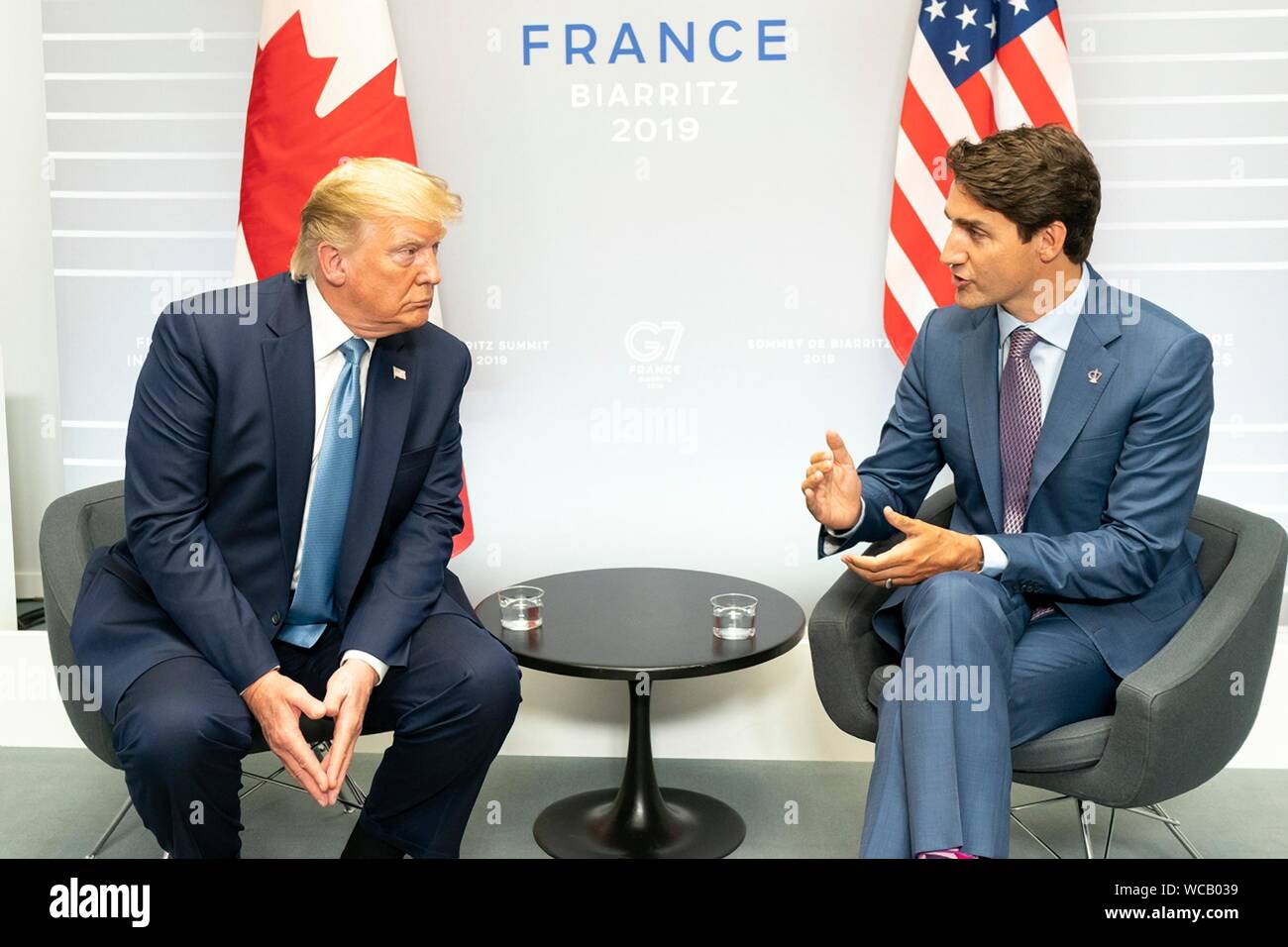 U.S. President Donald Trump with Canadian Prime Minister Justin Trudeau, right, prior to their bilateral meeting on the sidelines of the G7 Summit at the Centre de Congrés Bellevue August 25, 2019 in Biarritz, France. Stock Photo