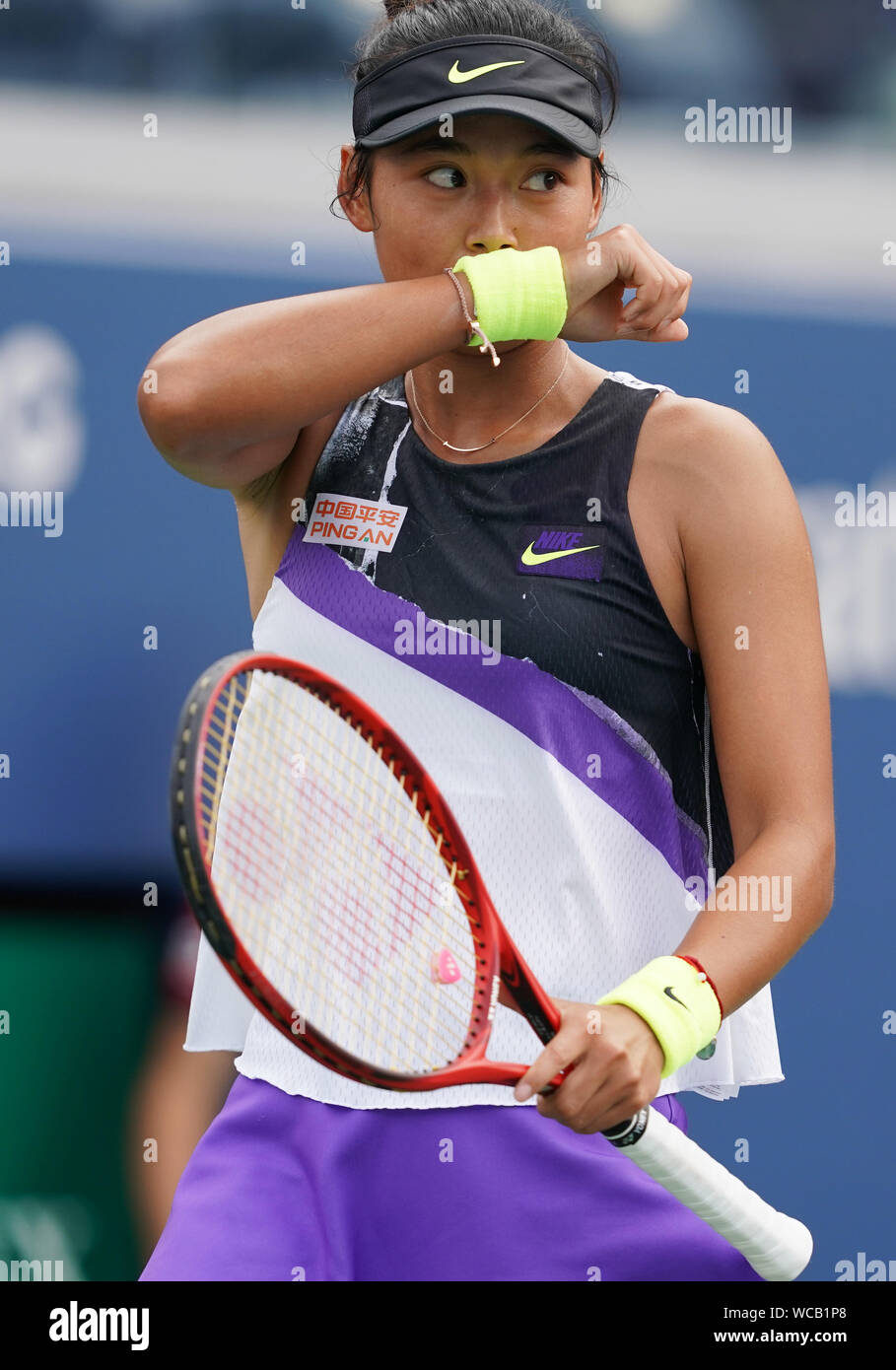 New York, USA. 27th Aug, 2019. Wang Yafan of China reacts during the women's singles first round match between Caroline Wozniacki of Denmark and Wang Yafan of China at the 2019 US Open in New York, the United States, Aug. 27, 2019. Credit: Liu Jie/Xinhua/Alamy Live News Stock Photo