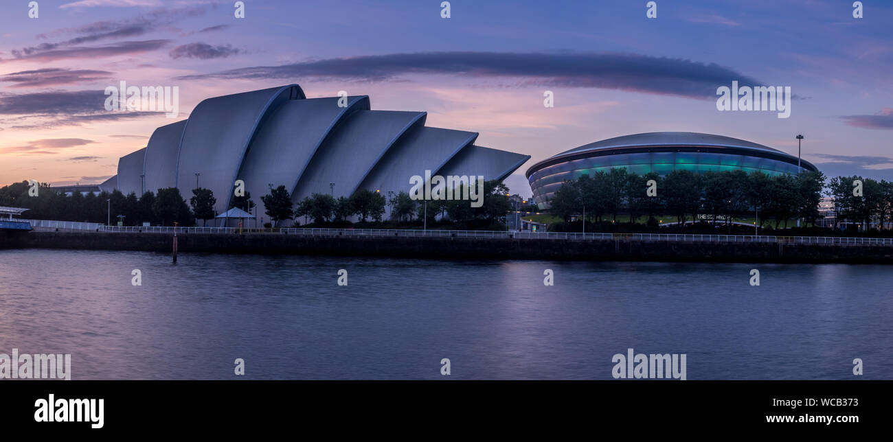 The River Clyde with the Millennium Bridge, the SEC Armadillo and SEE Hydro on July 21, 2017 in Glasgow, Scotland. The Armadillo is Glasgow main confe Stock Photo