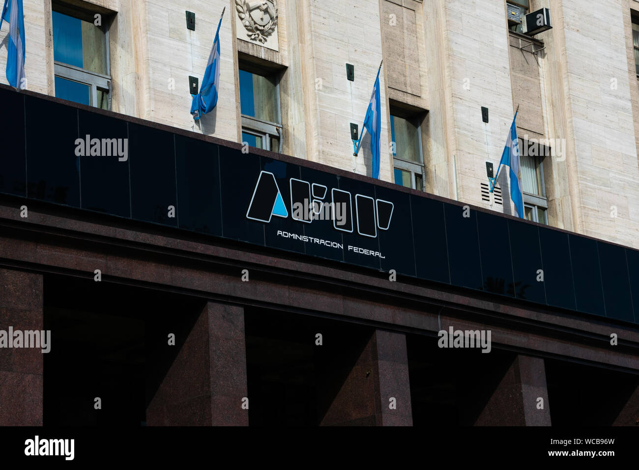 Buenos Aires, Argentina. August 19, 2019. Federal Administration of Public Income sign (Administracion Federal de Ingresos Publicos) usually shortened Stock Photo