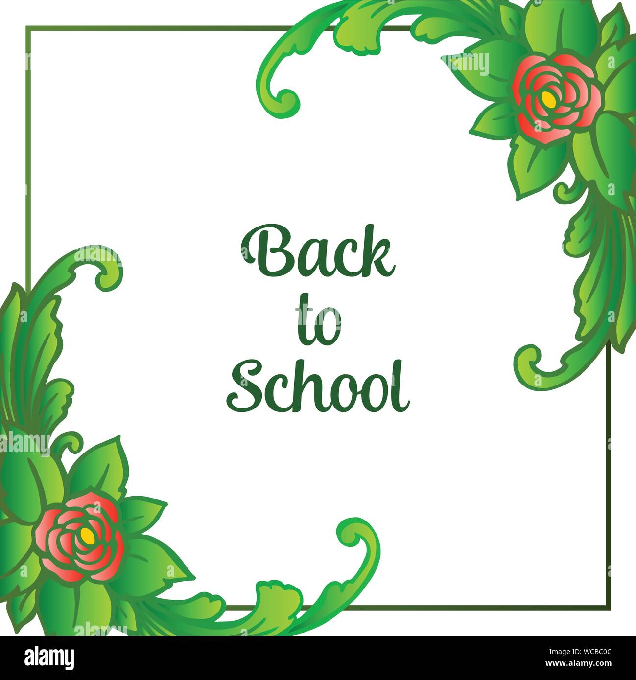 Back to school concept with floral frame and green leaves blooms ...