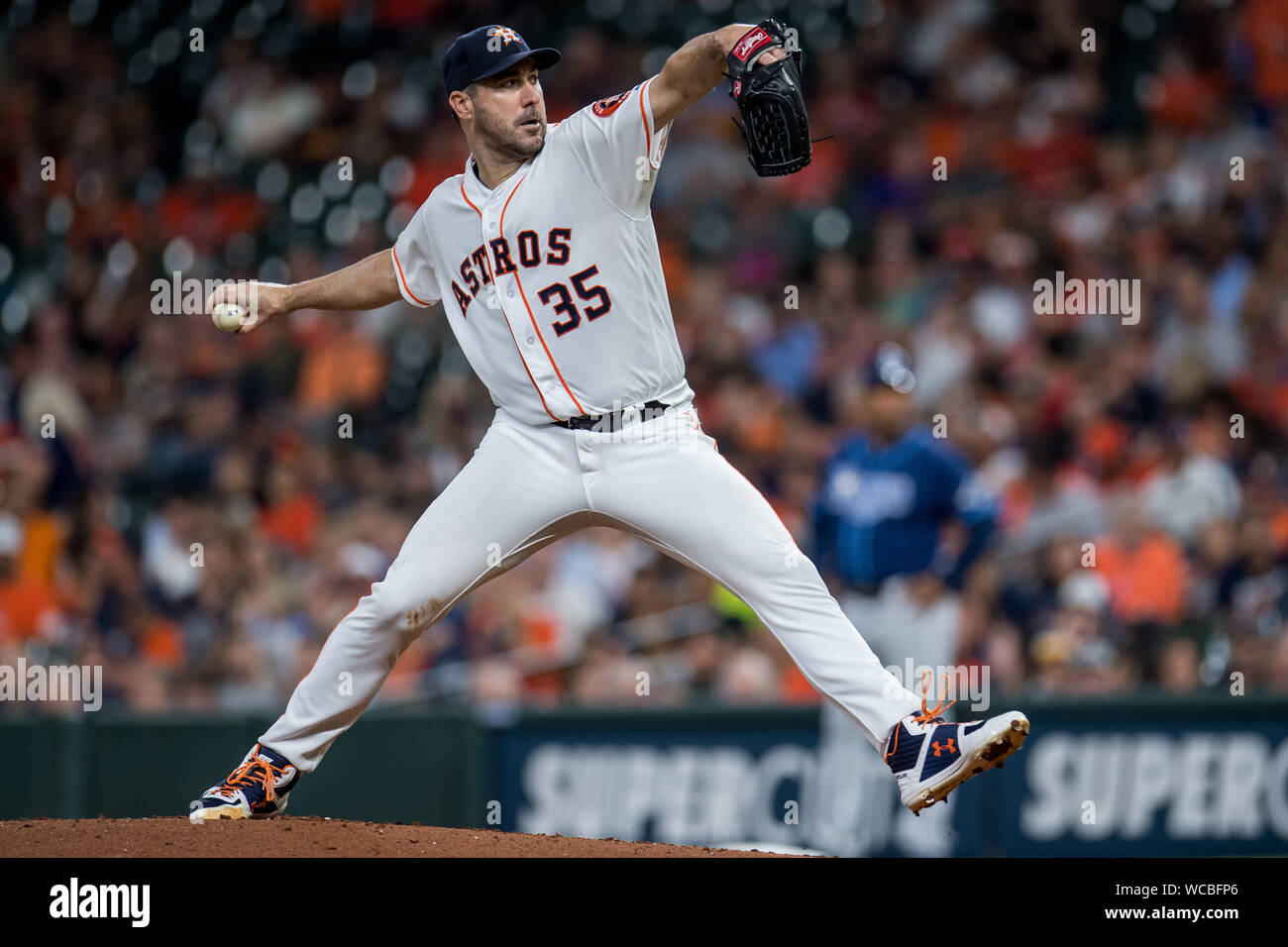 Houston, Texas, USA. 27th Aug, 2019. Houston Astros starting pitcher Justin Verlander pitches against the Tampa Bay Rays in the 3rd inning at Minute Maid Park in Houston on Tuesday, August 27, 2019. Photo by Trask Smith/UPI Credit: UPI/Alamy Live News Stock Photo