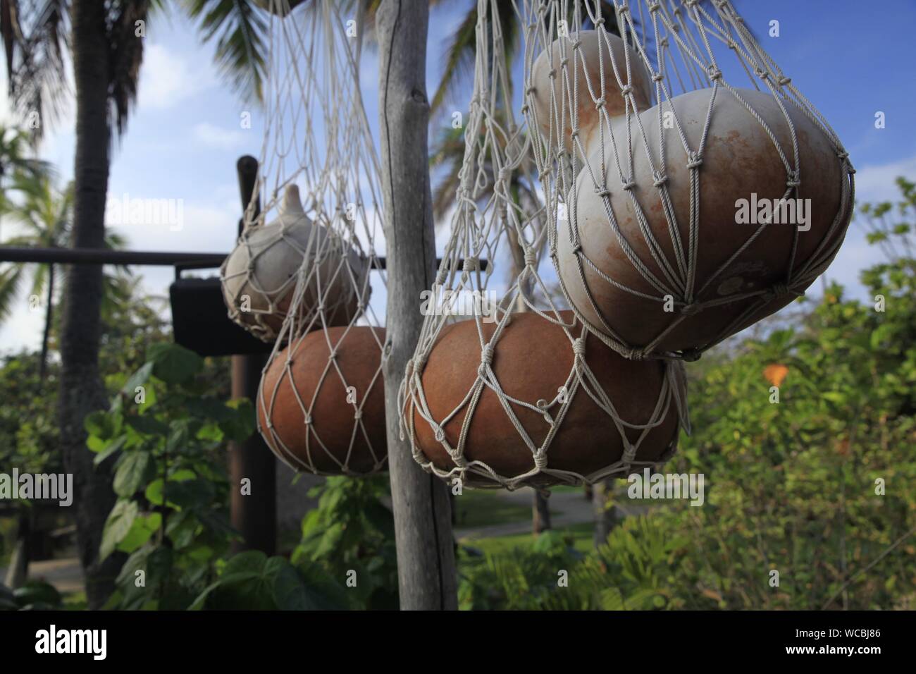 Pots Hanging In Nets Stock Photo