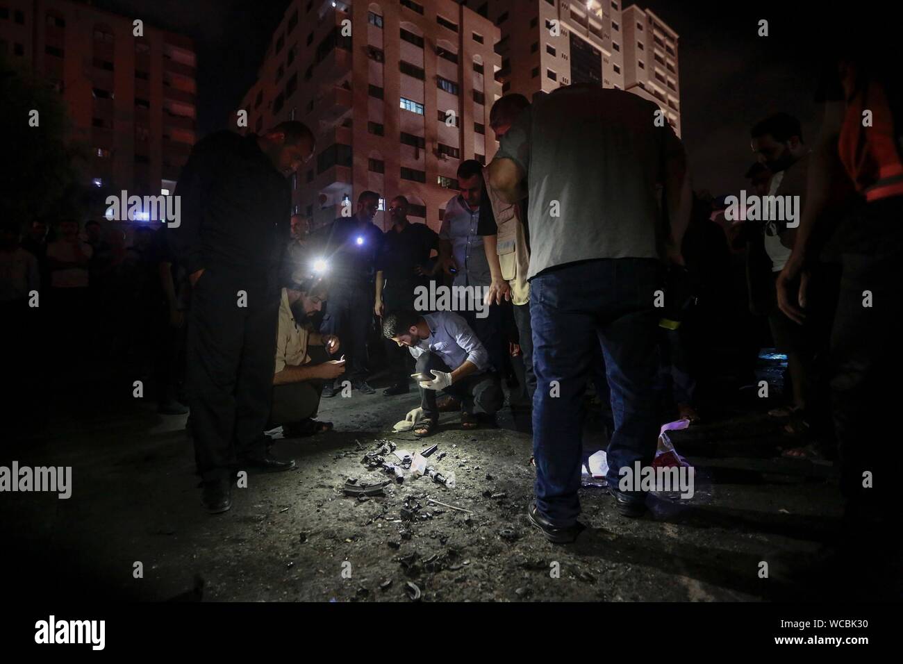Gaza, Palestine. Autonomous Areas. 27th Aug, 2019. Palestinians are investigating the site of an explosion. According to the radical Islamic Hamas, two Palestinian policemen died in an explosion south of the city of Gaza. Credit: Mohammed Talatene/dpa/Alamy Live News Stock Photo