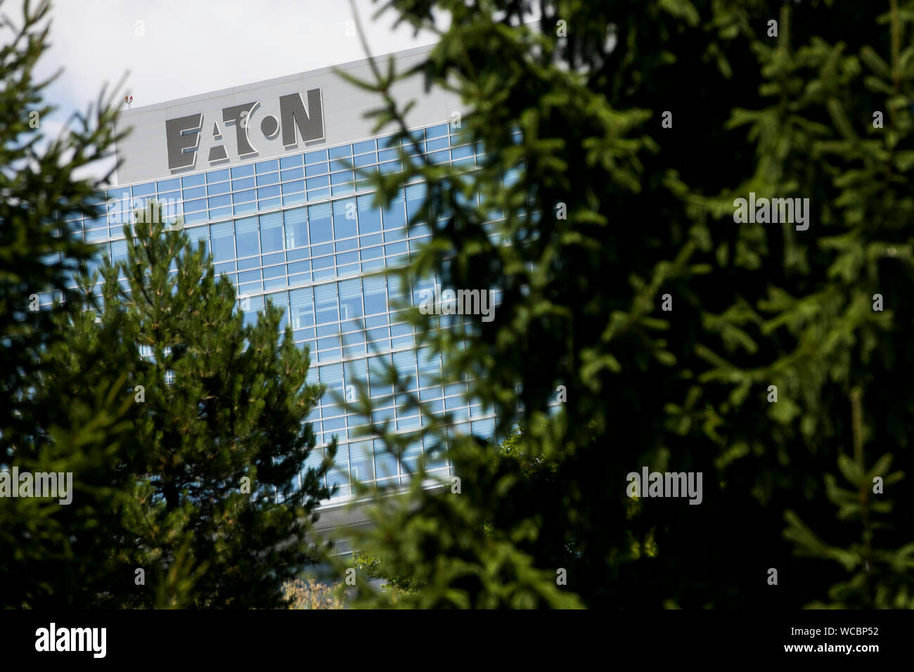A logo sign outside of the operational headquarters of the Eaton Corporation in Beachwood, Ohio on August 11, 2019. Stock Photo