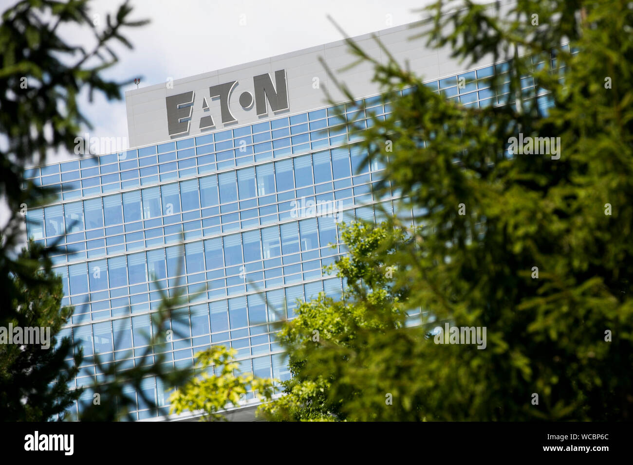 A logo sign outside of the operational headquarters of the Eaton