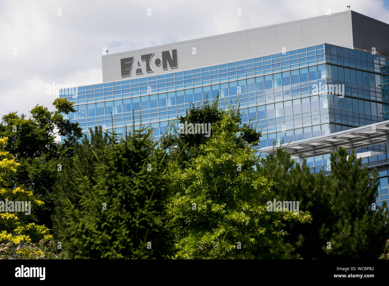 A logo sign outside of the operational headquarters of the Eaton Corporation in Beachwood, Ohio on August 11, 2019. Stock Photo