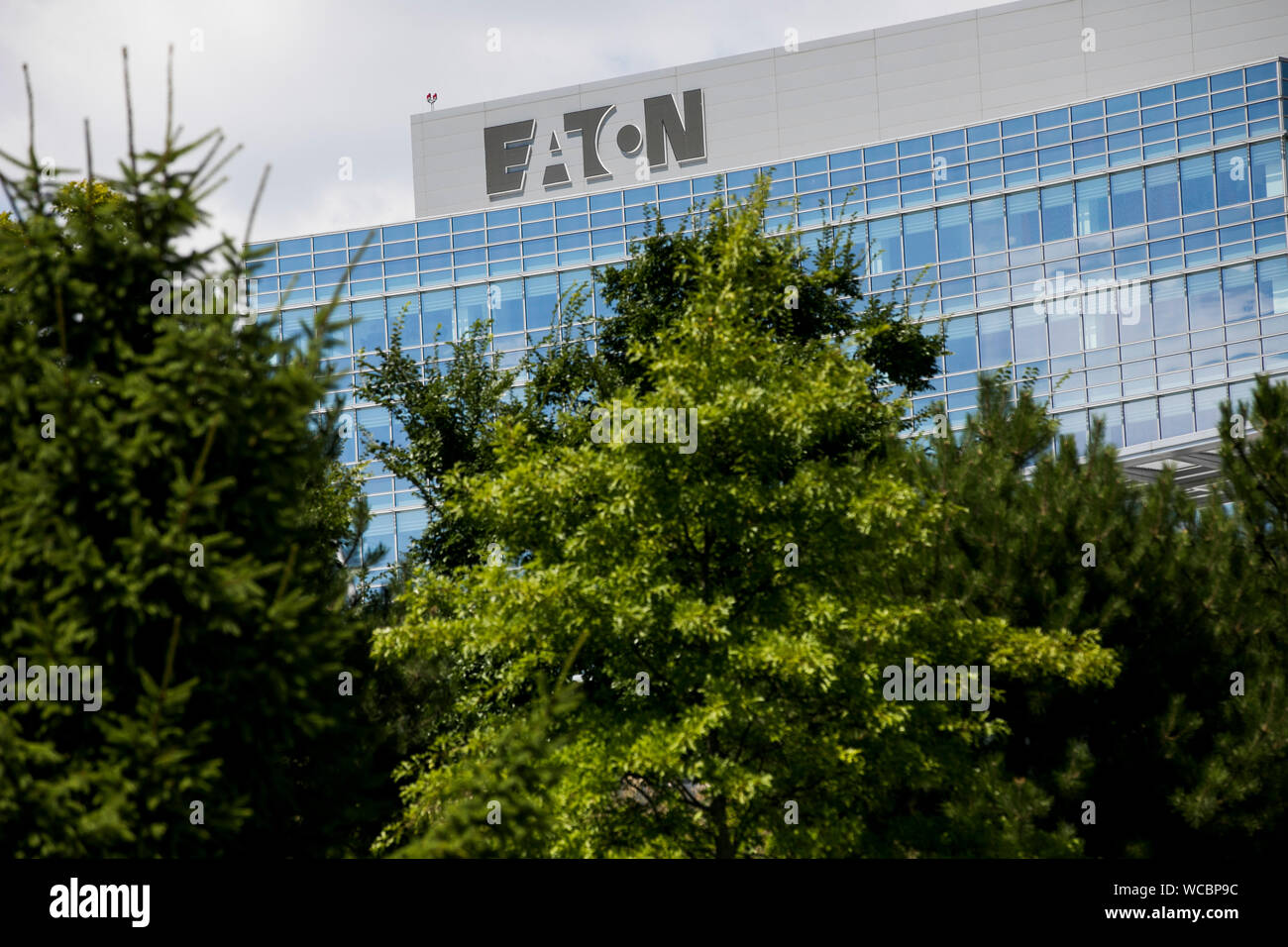 A logo sign outside of the operational headquarters of the Eaton Corporation in Beachwood, Ohio on August 11, 2019. Stock Photo