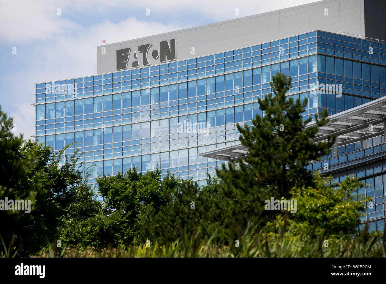 A logo sign outside of the operational headquarters of the Eaton Corporation in Beachwood, Ohio on August 11, 2019. Stock Photo