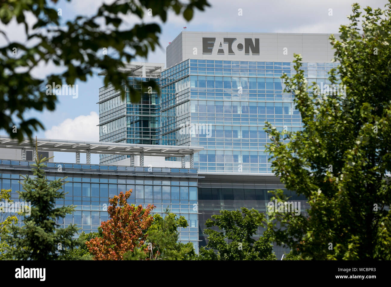 A logo sign outside of the operational headquarters of the Eaton Corporation in Beachwood, Ohio on August 11, 2019. Stock Photo