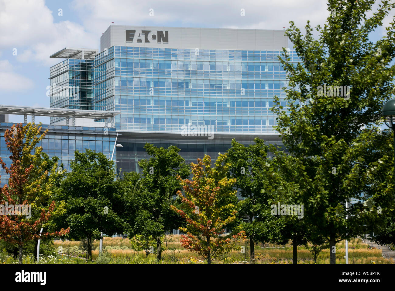 A logo sign outside of the operational headquarters of the Eaton Corporation in Beachwood, Ohio on August 11, 2019. Stock Photo