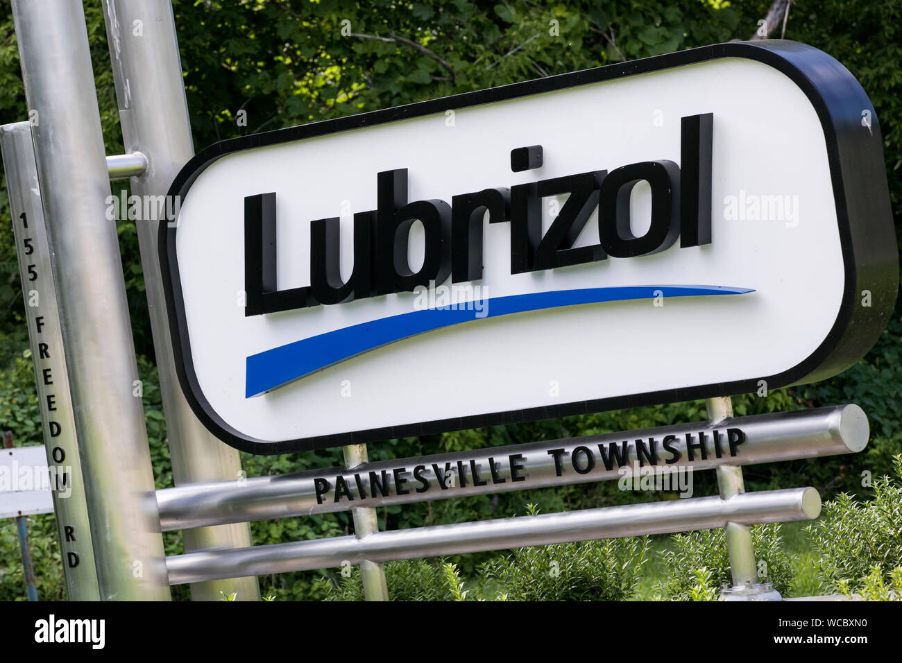 A logo sign outside of a facility occupied by Lubrizol in Painesville