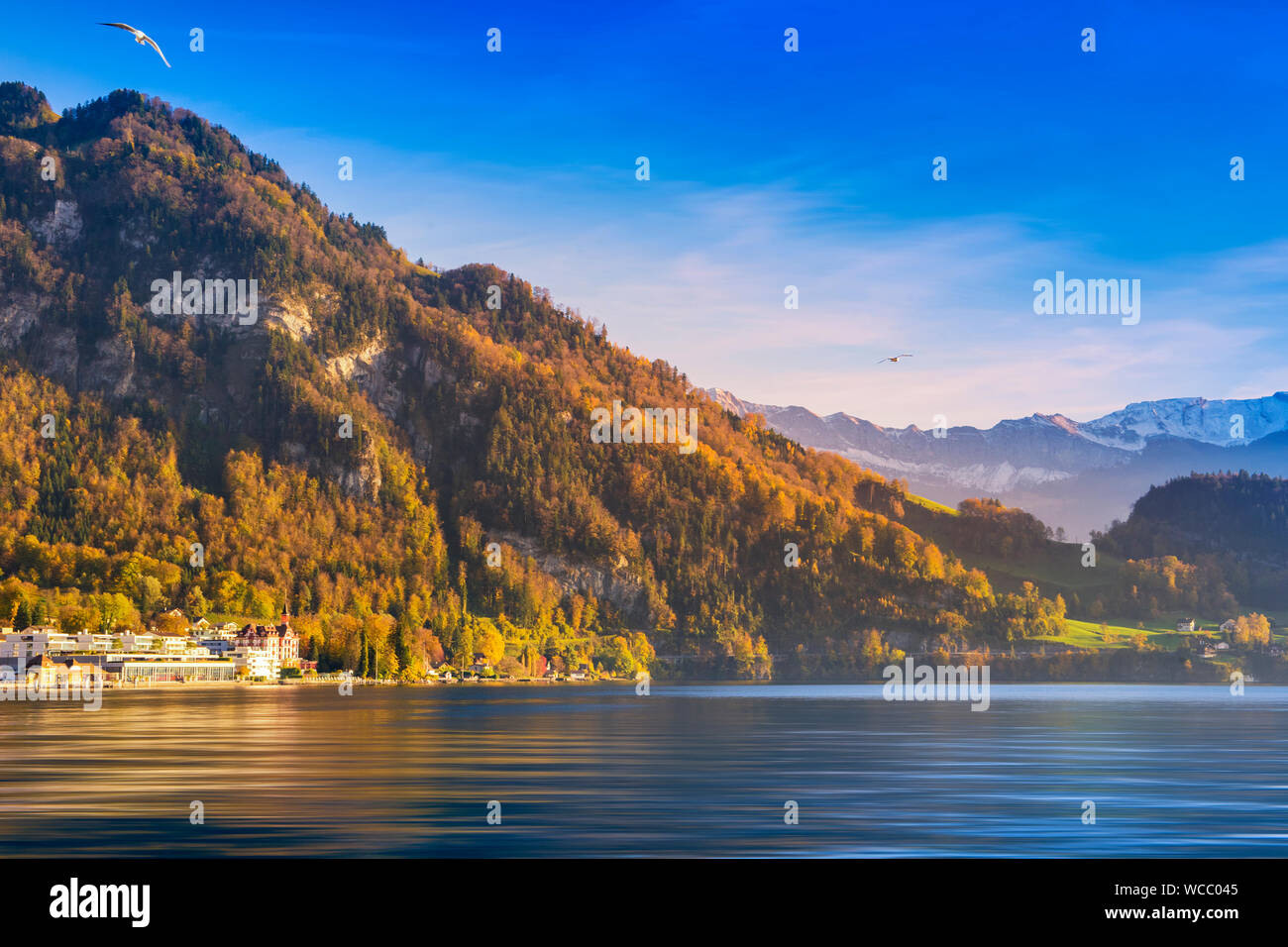 Scenic View Of Lake With Mountain In Background Stock Photo
