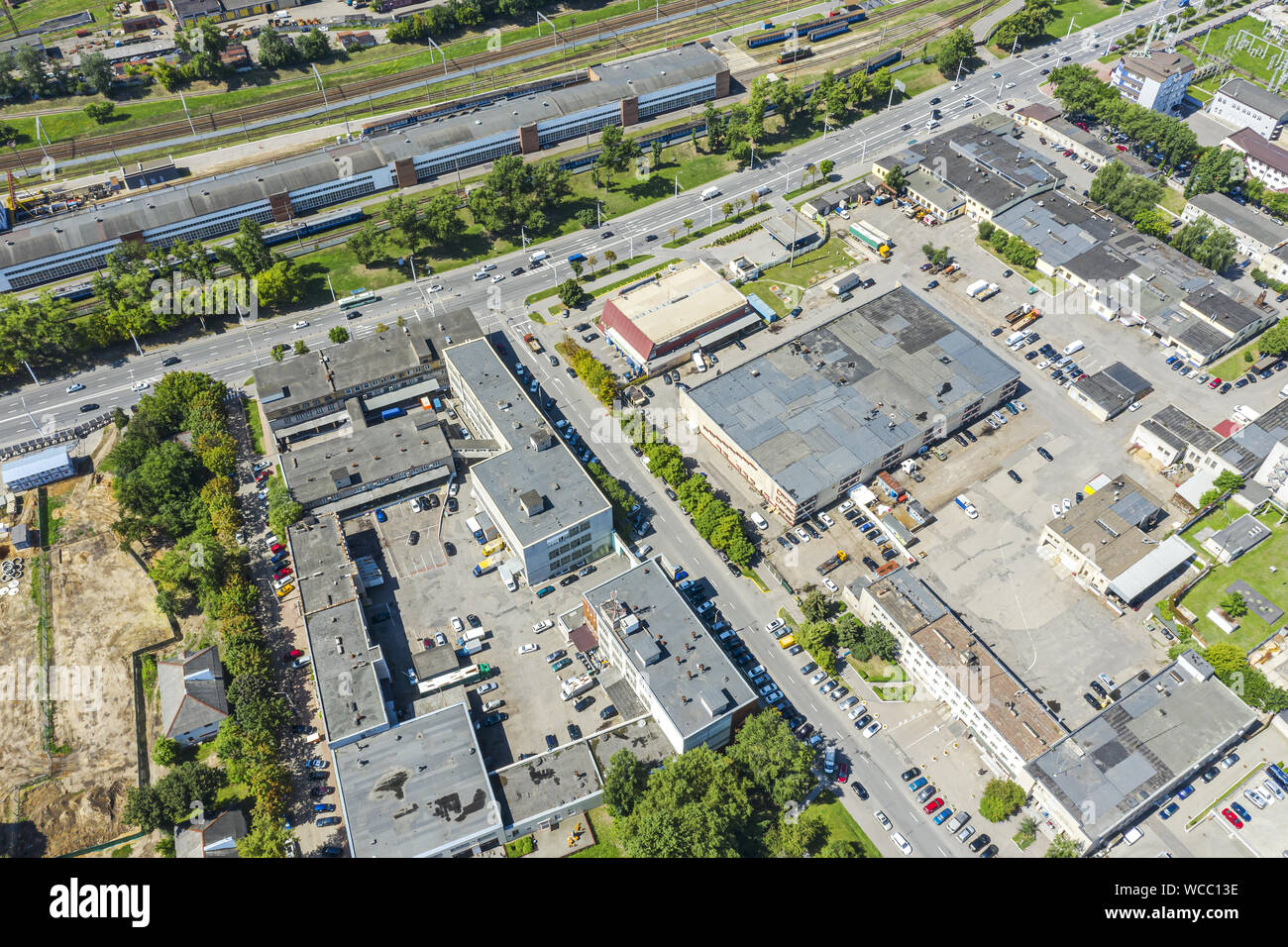 aerial top view of roofs of industrial buildings. manufacturing