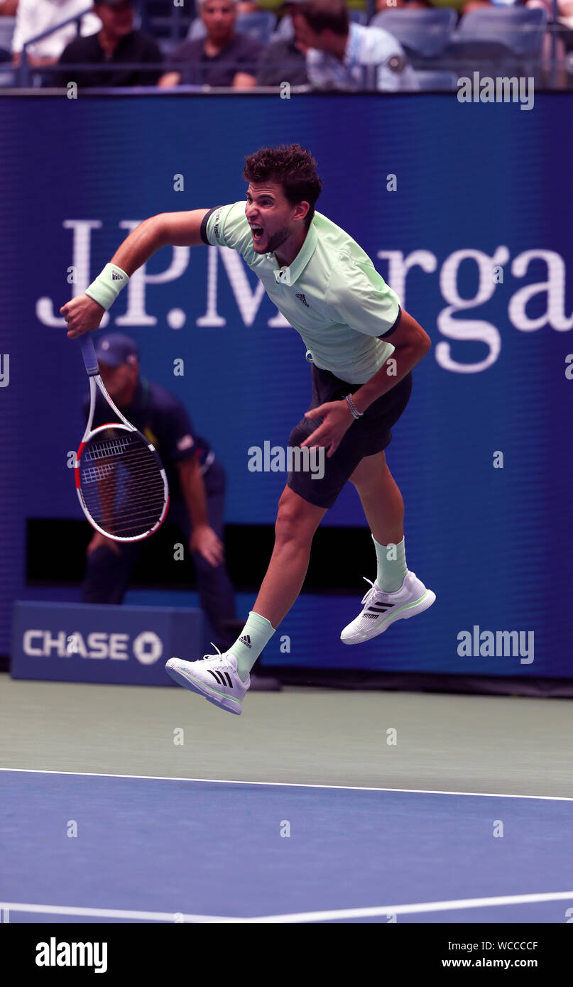 Flushing Meadows, New York, United States. 27th Aug, 2019. Dominic Thiem of Austria serving to Thomas Fabbiano Italy during their first round match at the US Open in Flushing Meadows, New York. Fabiano won the match in four sets. Credit: Adam Stoltman/Alamy Live News Stock Photo