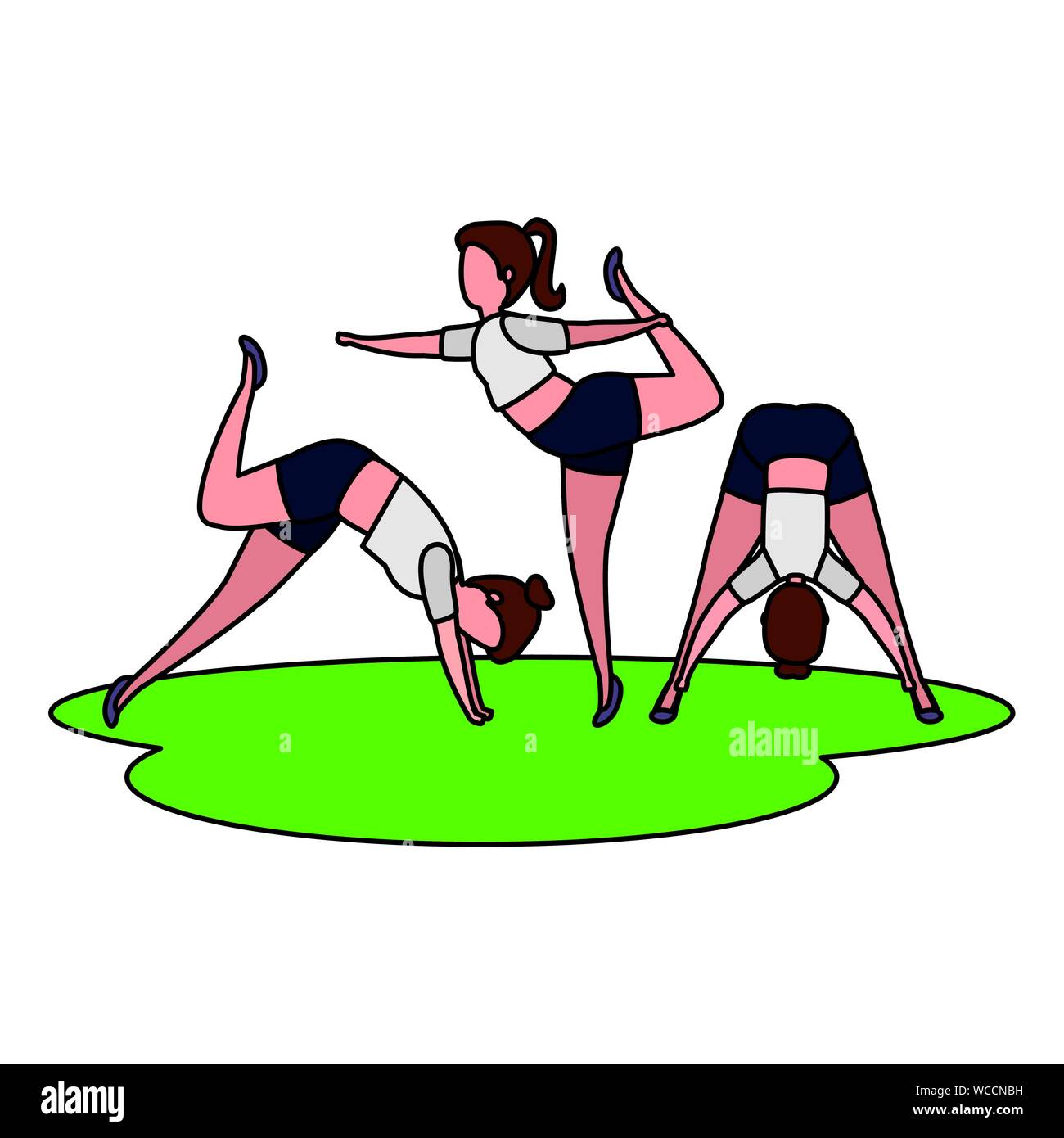 beauty girls group practicing pilates in the grass Stock Vector Image