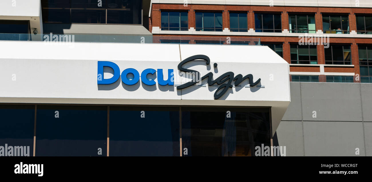 DocuSign sign and logo on facade of company headquarters building Stock ...