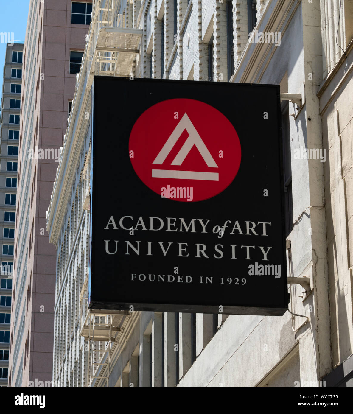 Academy of Art University sign and logo on campus building facade. The Academy of Art University, is a privately owned for-profit art school Stock Photo