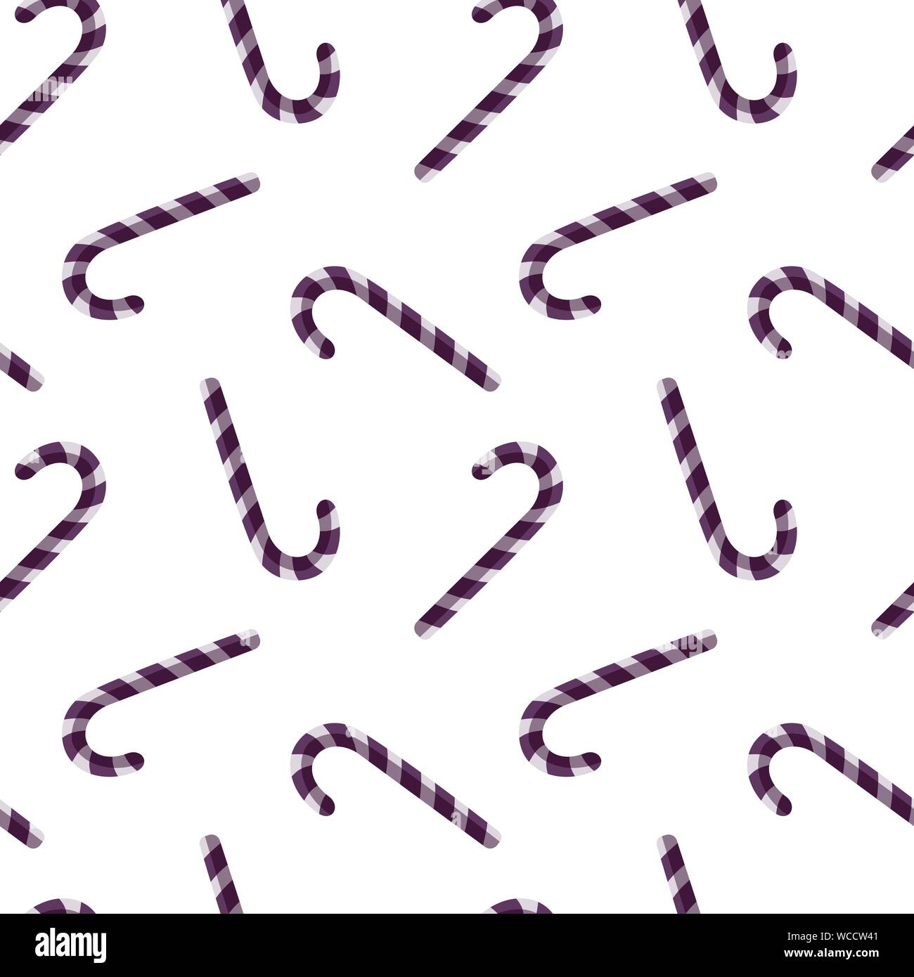 Vector seamless pattern with flat candy cane sweet sticks. Christmas or New Year festive background. Template for wrapping paper, gift, fabric or textile. Purple candies on white background Stock Vector