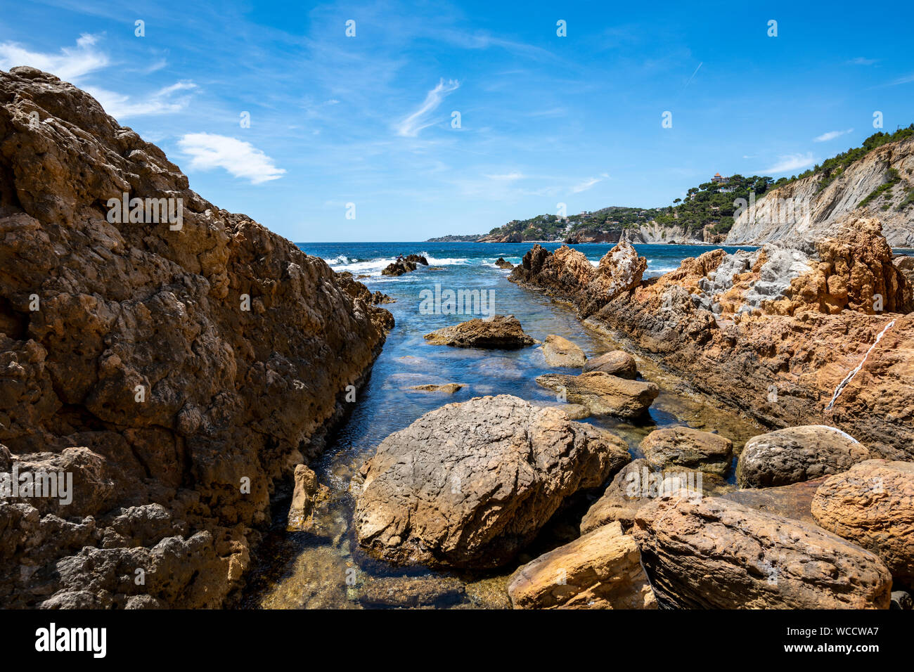 Rocky area near the Mediterranean sea at the "Calanque of Figuieres" (creek of Figuieres and Figuières Cove in Méjean), South of France, Europe Stock Photo