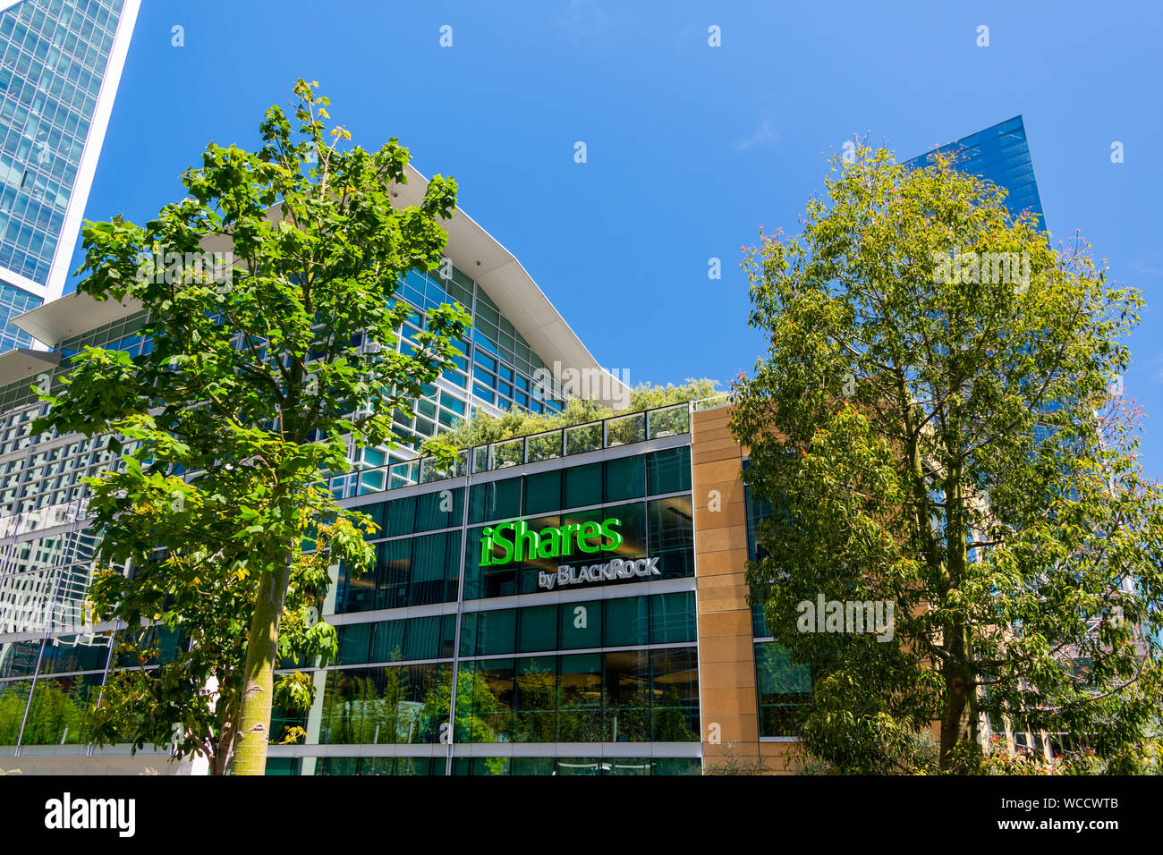 BlackRock sign and logo on glass facade of financial company office