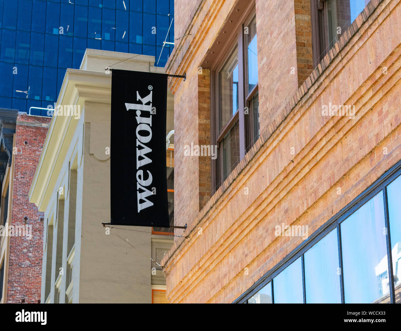 WeWork sign on shared coworking space at South of Market (or SoMa) neighborhood Stock Photo