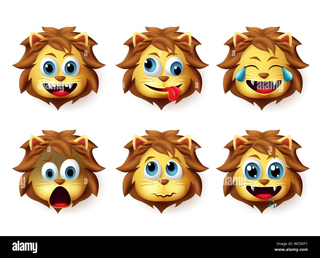 Emoji lion vector set. Lion animals emoji in happy and crazy facial