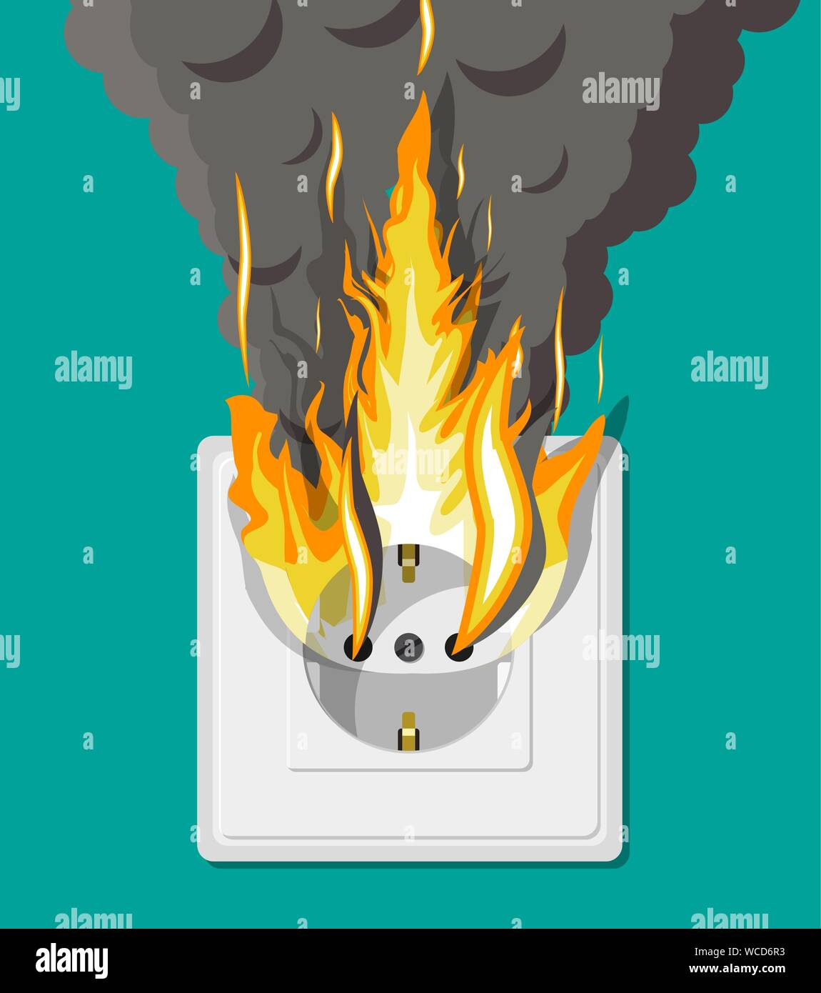 Electrical outlet on fire. Overload of network. Short circuit