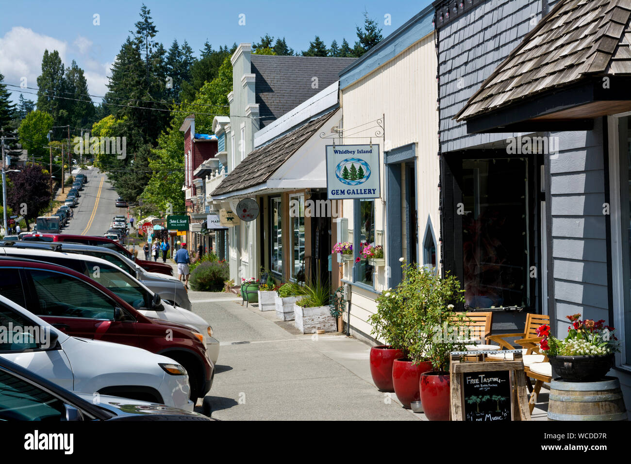 Main street with shops in Langely, Washington, on Whidbey, Island, USA. Stock Photo