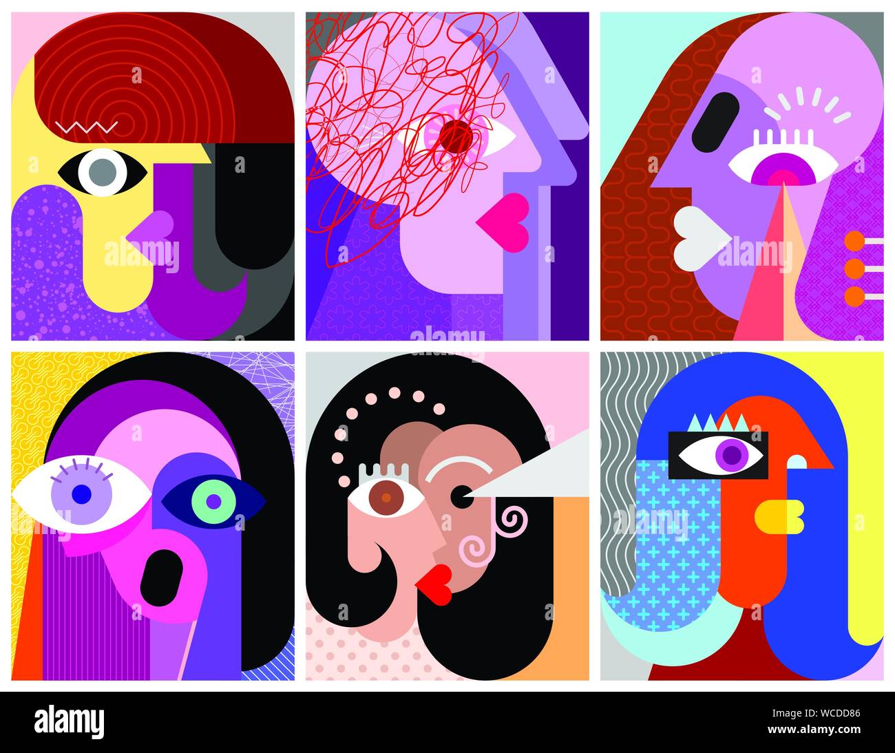 Six Faces, Facial Expressions modern art vector illustration