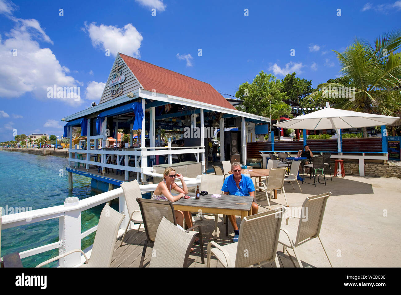 Karels Beach Bar, popular meeting point for sundowner, Harbour boulevard, Kralendijk, Bonaire, Netherland Antilles Stock Photo