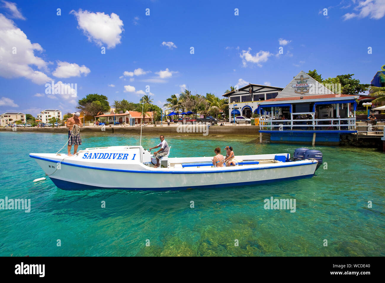 Karels Beach Bar, popular meeting point for sundowner, Harbour boulevard, Kralendijk, Bonaire, Netherland Antilles Stock Photo