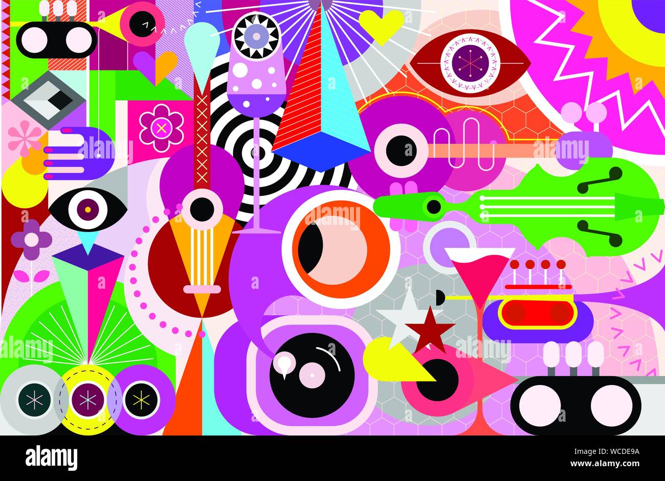 Music festival abstract art vector background. Design with musical instruments, geometric shapes and cocktail glasses. Stock Vector