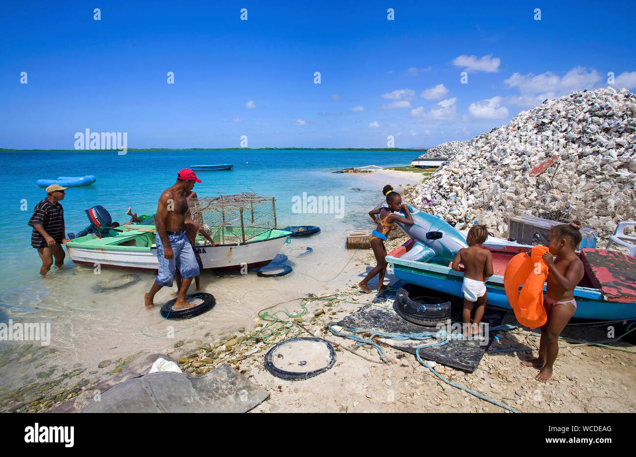 Fishermen at west coast, stacked empty shells of Queen conches (Strombus gigas) at beach, former delicacy, now protected, Bonaire, Netherland Antilles Stock Photo