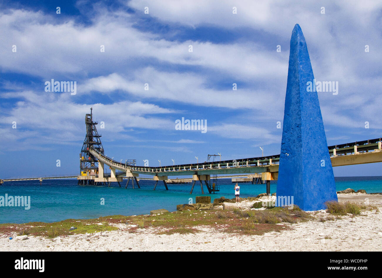 Obelisk at salt pier, builded in 1837 for ship orientation, salt transport, Bonaire, Netherland Antilles Stock Photo