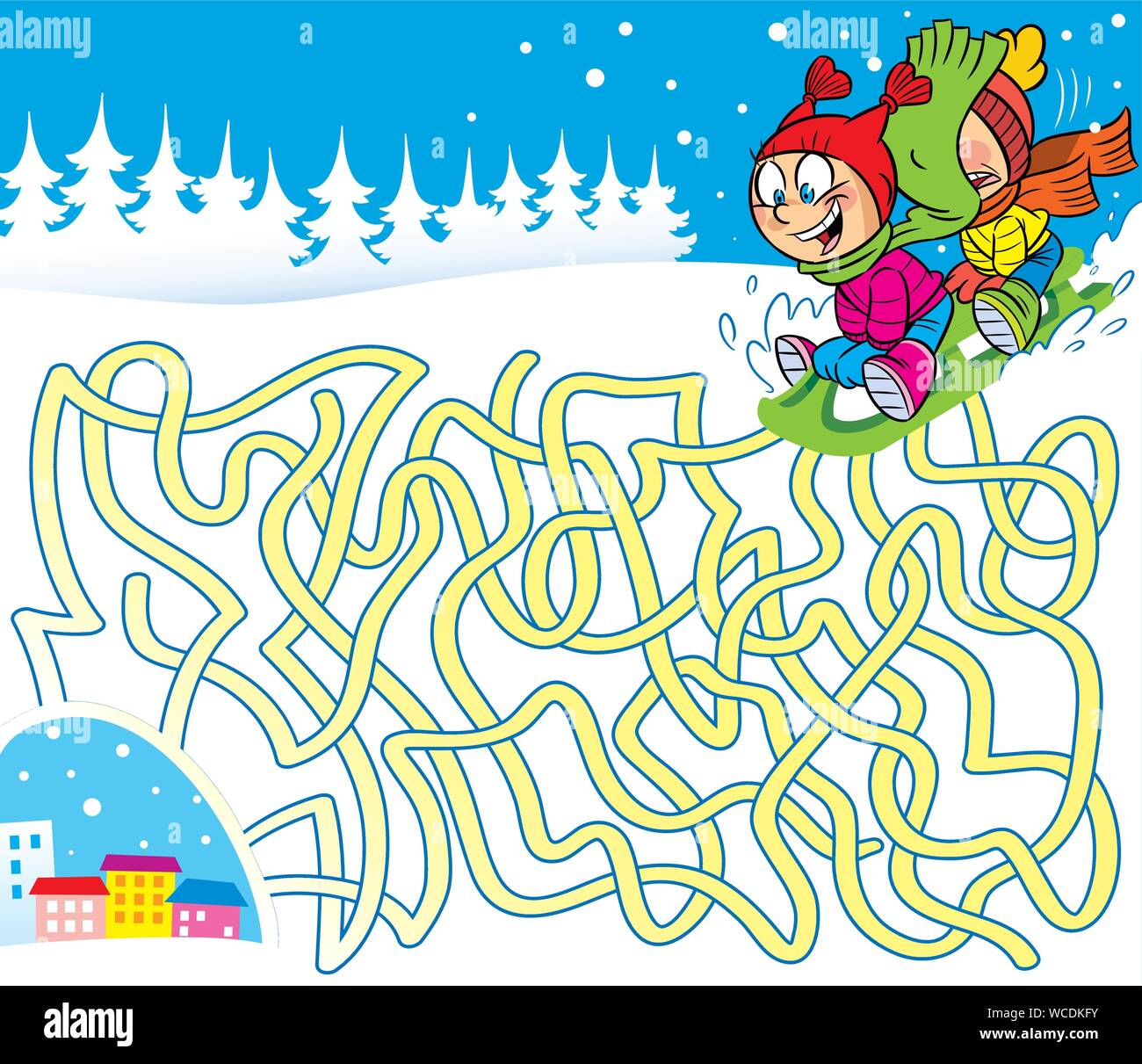 Vector illustration with a maze where you need to help children find their way home. Stock Vector