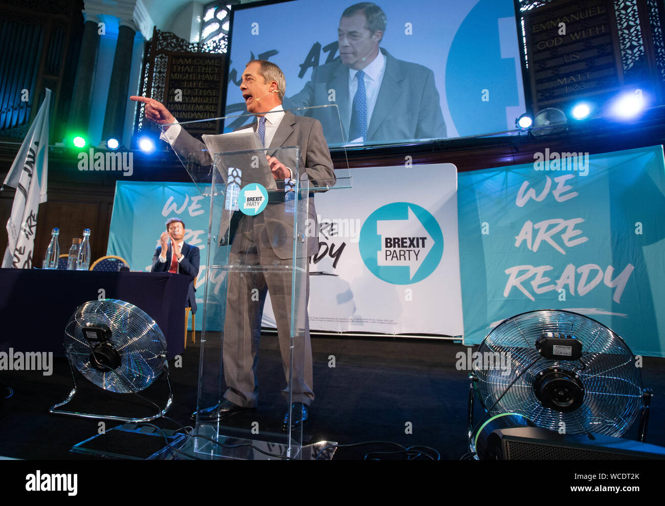 Brexit Party Leader, Nigel Farage, speaks at the Conference. The Brexit Party holds a conference in London to announce 635 Prospective Parliamentary c Stock Photo
