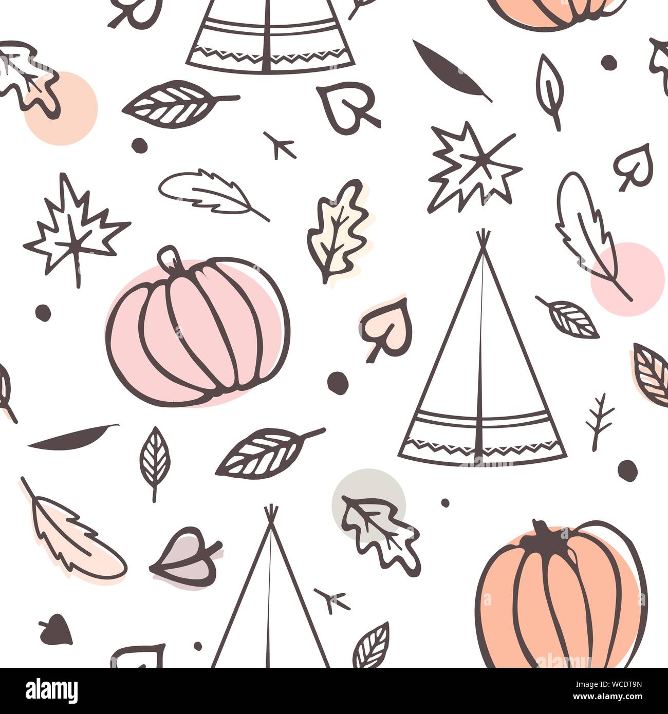 Thanksgiving day seamless pattern with indian tents, autumn leaves and pumpkins. Doodle vector ornament isolated on white background Stock Vector