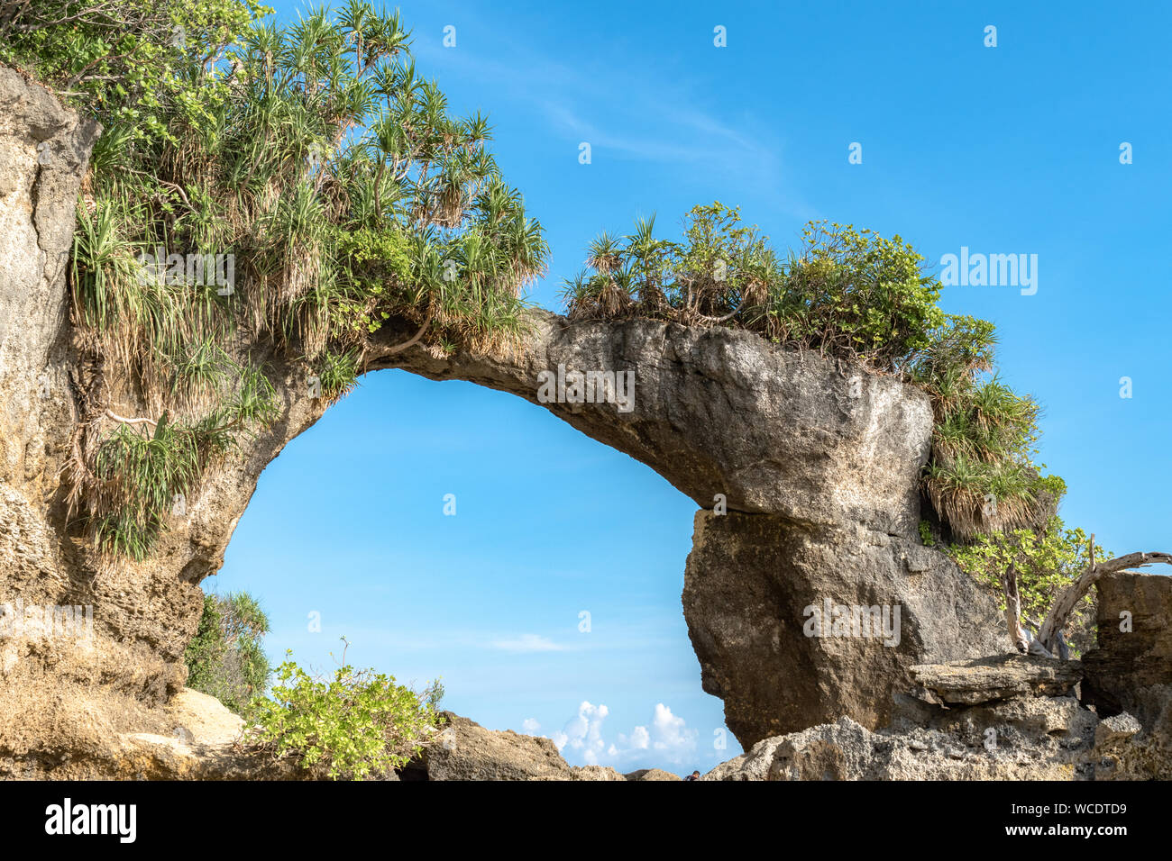 Natural Arch of Neil Island (Shaheed Dweep), a geological Arch Rock formation, locally known as Howrah Bridge. Clear Pristine blue sky adds more drama Stock Photo