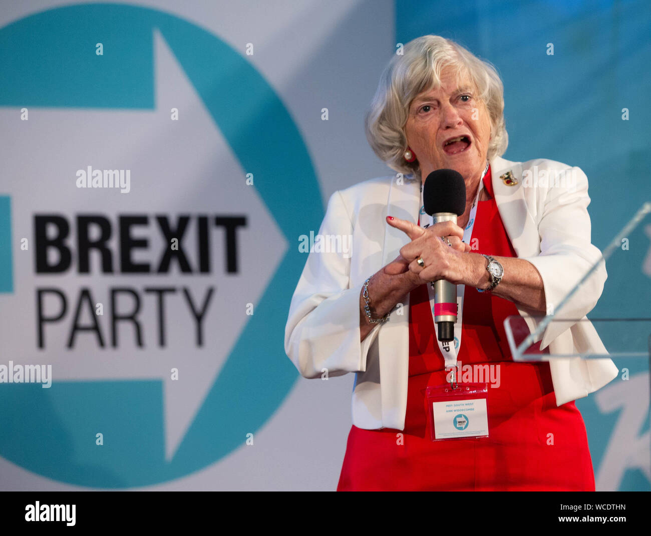 Ann Widdecombe, Member of the European Parliament, speaks at the conference. The Brexit Party holds a conference in London to announce 635 Prospective Stock Photo