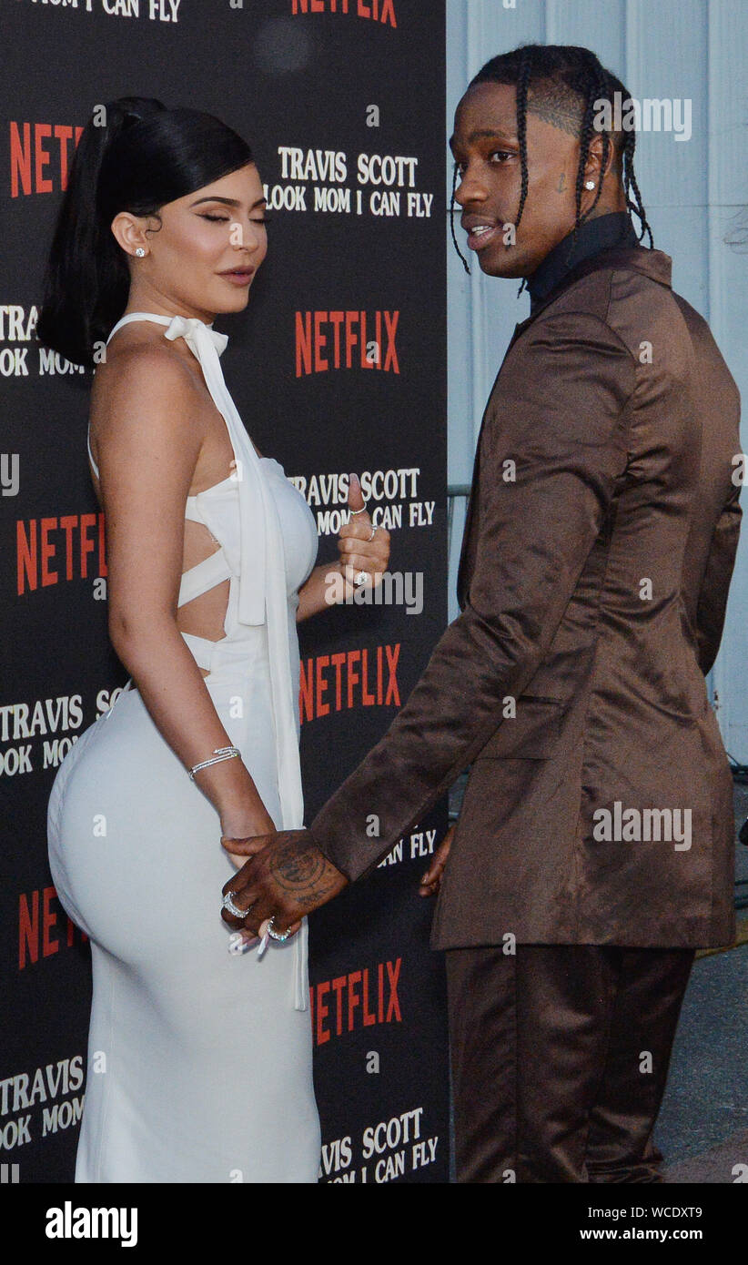 Santa Monica, California, USA. 28th Aug, 2019. Rapper Travis Scott and Kylie Jenner attend the premiere of Netflix's 'Travis Scott: Look Mom I Can Fly' at Barker Hangar on August 27, 2019 in Santa Monica, California. 'Travis Scott: Look Mom I Can Fly' traces the Houston rapper's rise to super-stardom, focusing on the months surrounding Scott's third album 'Astroworld'.  Photo by Jim Ruymen/UPI Credit: UPI/Alamy Live News Stock Photo